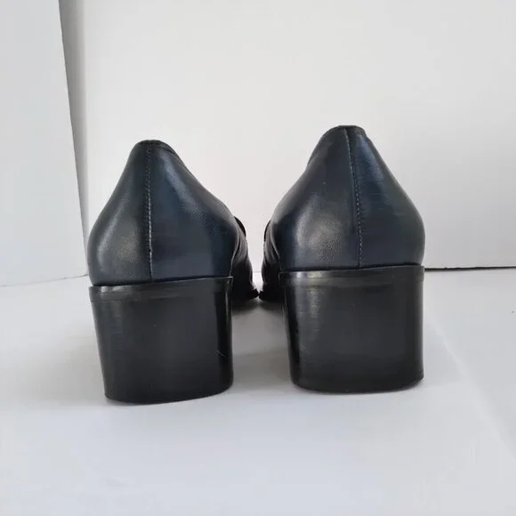 Stylish 90's Navy Leather 'Status' Slip On Square Toe Block Heel Shoes Sz 8.5 - Picture 4 of 10